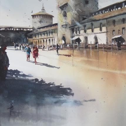 Peinture Quiétude dans la Cour du château par Abbatucci Violaine | Tableau Figuratif Aquarelle Paysages