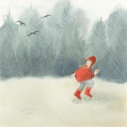 Peinture Sapins et chaperon rouge par Marjoline Fleur | Tableau Art naïf Aquarelle Paysages, Scènes de vie