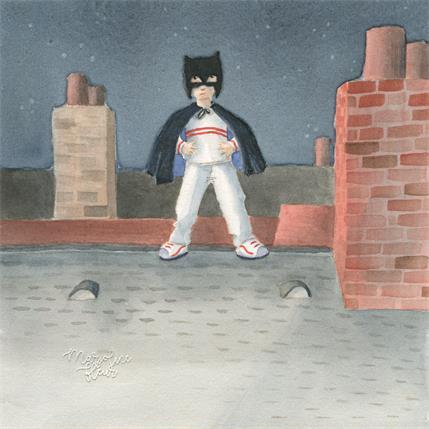 Peinture Nuit et petit garçon par Marjoline Fleur | Tableau Art naïf Aquarelle Scènes de vie, Urbain