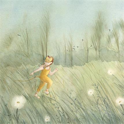 Peinture Paysage vert enfant jaune par Marjoline Fleur | Tableau Art naïf Aquarelle Paysages