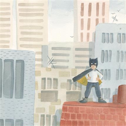 Peinture Ville et enfant par Marjoline Fleur | Tableau Art naïf Aquarelle Urbain