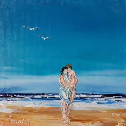 Peinture Tendresse sur la plage par Hanniet | Tableau Figuratif Huile Marine, Scènes de vie