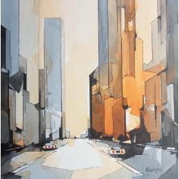 Peinture NEW-YORK 2 par Langlois Jean-Luc | Tableau Figuratif Aquarelle Urbain