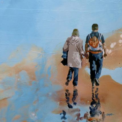 Peinture Famille débutante sur sable par Sand | Tableau Figuratif Acrylique Marine, Scènes de vie