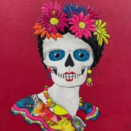 Peinture FRIDA TOUT EN COULEURS par Geiry | Tableau Art Singulier Bois Portraits