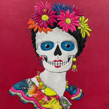 Peinture FRIDA TOUT EN COULEURS par Geiry | Tableau Matiérisme Bois Portraits