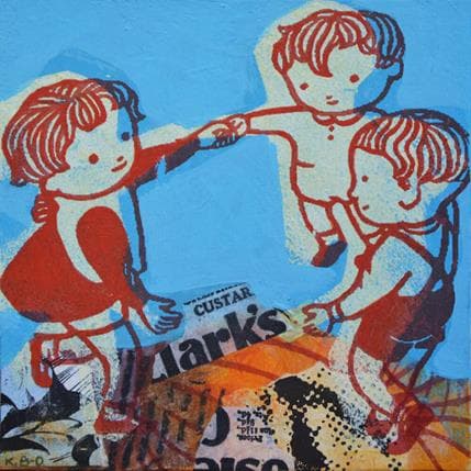 Peinture Trois enfants par Kano Okuuchi | Tableau Pop Art Technique mixte scènes de vie