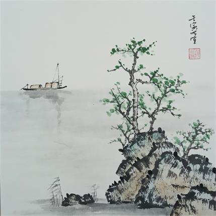 Peinture Lakeside and boat par Du Mingxuan | Tableau Figuratif Aquarelle, Encre Marine, Nature, Paysages