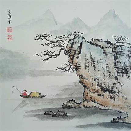 Peinture Fisherman under cliff par Du Mingxuan | Tableau Figuratif Aquarelle, Encre Nature, Paysages, Scènes de vie
