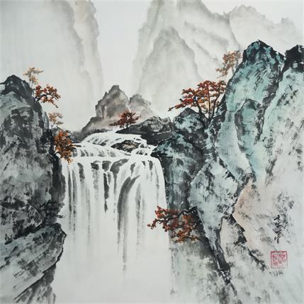 Peinture Autumn Waterfall par Du Mingxuan | Tableau Figuratif Aquarelle, Encre Nature, Paysages