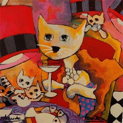 Peinture Chats et poissons par Fauve | Tableau Figuratif Acrylique, Bois Animaux
