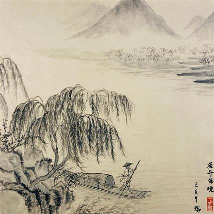 Peinture Chant du pêcheur sur la rivère. /Fishing's song from the river. par Amblard Rui | Tableau Figuratif Aquarelle Paysages, scènes de vie