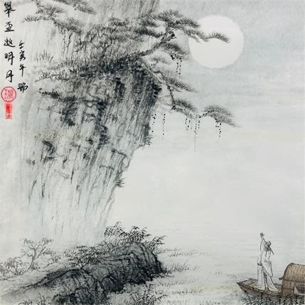 Peinture Toast to the moon/ Toast à la lune par Amblard Rui | Tableau Figuratif Aquarelle Paysages, scènes de vie