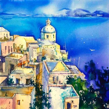 Peinture Santorini island par Volynskih Mariya  | Tableau Figuratif Aquarelle Marine, Paysages, Urbain