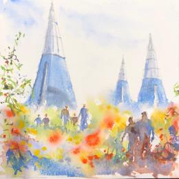 Painting Kunst und Garten by Jones Henry | Painting Figurative Watercolor Landscapes, Urban