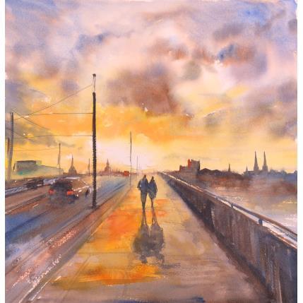 Peinture Couple sur le pont Kennedy par Jones Henry | Tableau Figuratif Aquarelle Paysages, Urbain