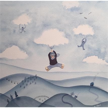 Peinture Camille dans les nuages par Marjoline Fleur | Tableau Art naïf Scènes de vie