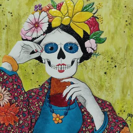 Peinture FLORES FRIDA par Geiry | Tableau Matiérisme Bois Portraits