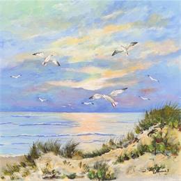 Peinture Dunes et Mouettes par Lallemand Yves | Tableau Figuratif Acrylique Marine, Paysages