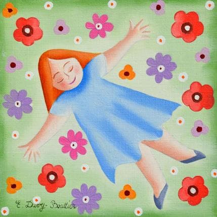 Peinture Bain de fleurs par Davy Bouttier Elisabeth | Tableau Art naïf Huile Scènes de vie