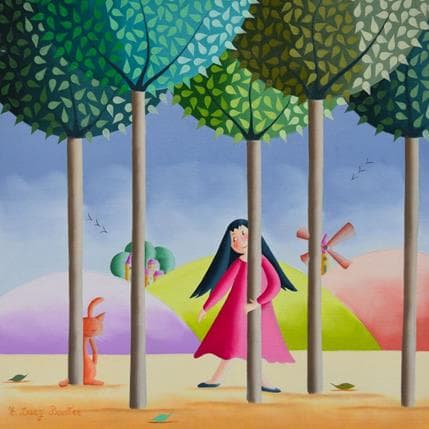 Peinture Ballade en forêt par Davy Bouttier Elisabeth | Tableau Art naïf Huile Scènes de vie