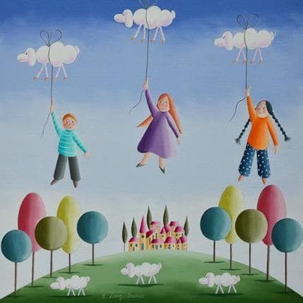 Peinture Vol' moutons par Davy Bouttier Elisabeth | Tableau Art naïf Huile Scènes de vie