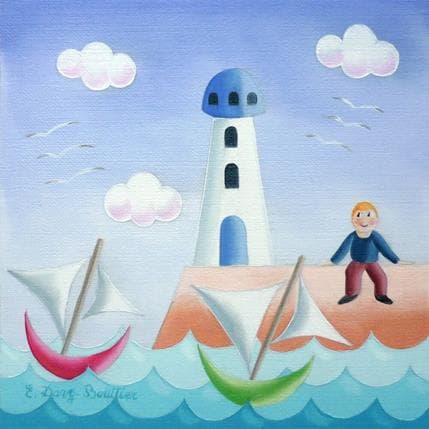 Peinture le ptit phare par Davy Bouttier Elisabeth | Tableau Art naïf Huile Scènes de vie