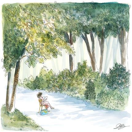 Peinture Lecture au parc par Balme Delphine | Tableau Art naïf Aquarelle Paysages, scènes de vie, Urbain
