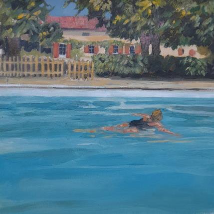 Peinture Piscine à la campagne  par Lorene Perez | Tableau Figuratif Huile Scènes de vie
