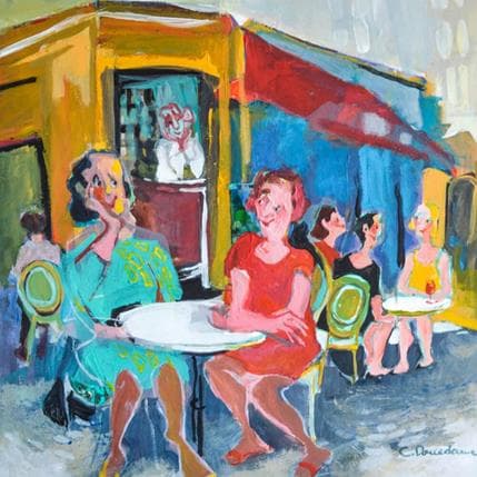 Peinture Filles en terrasse par Doucedame Christine | Tableau Figuratif Acrylique scènes de vie