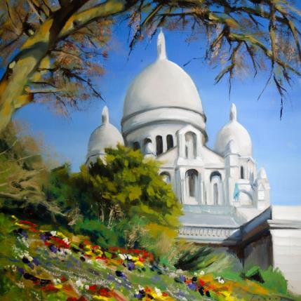 Peinture Fleurs et Sacré coeur par Eugène Romain | Tableau Figuratif Huile Paysages, Urbain