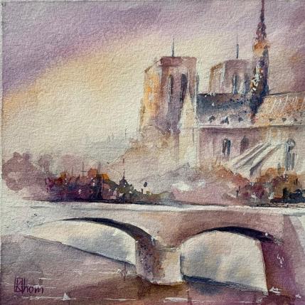 Peinture Paris at sunset par Lida Khomykova | Tableau Art naïf Aquarelle Urbain