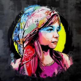 Pintura La fille au voile bleu blanc rouge por Sufyr | Pintura Street art Acrylic, Graffiti Portrait