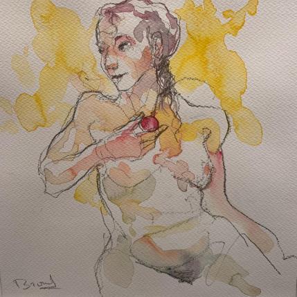 Peinture Méline tenant son bijou par Brunel Sébastien | Tableau Figuratif Aquarelle Nu