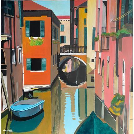Peinture Venise au bateau bleu par Du Planty Anne | Tableau Figuratif Huile Urbain