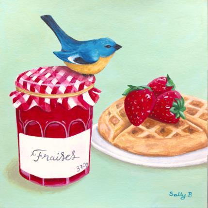 Peinture Oiseau sur confiture fraises avec gaufre par Sally B | Tableau Art Singulier Acrylique Animaux, Natures mortes
