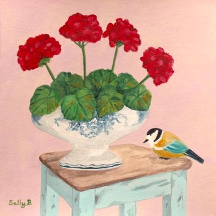 Peinture Oiseau avec géranium sur tabouret par Sally B | Tableau Art Singulier Acrylique Animaux, Natures mortes