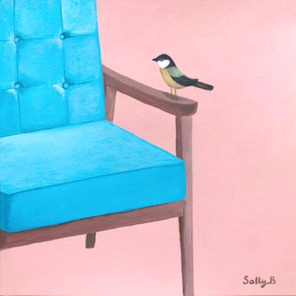 Peinture Oiseau sur fauteuil bleu par Sally B | Tableau Art Singulier Acrylique Animaux, Natures mortes