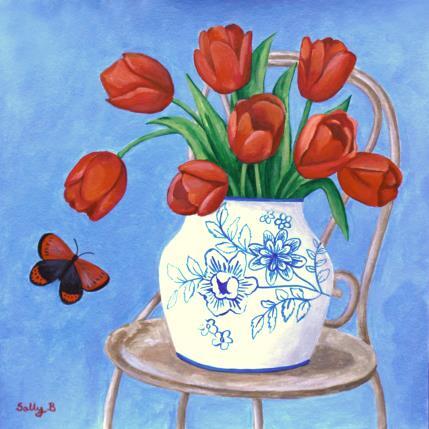 Peinture Tulipes dans un vase chinoiserie avec  papillon par Sally B | Tableau Art Singulier Acrylique Natures mortes