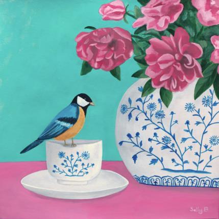 Peinture Oiseau sur une tasse avec fleurs dans un vase chinoiserie par Sally B | Tableau Art Singulier Acrylique Animaux, Natures mortes