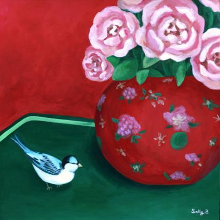 Peinture Oiseau et pivoine dans un vase chinoiserie par Sally B | Tableau Art Singulier Acrylique Natures mortes