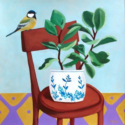Peinture Oiseau sur une chaise avec plante par Sally B | Tableau Art Singulier Acrylique Animaux, Natures mortes