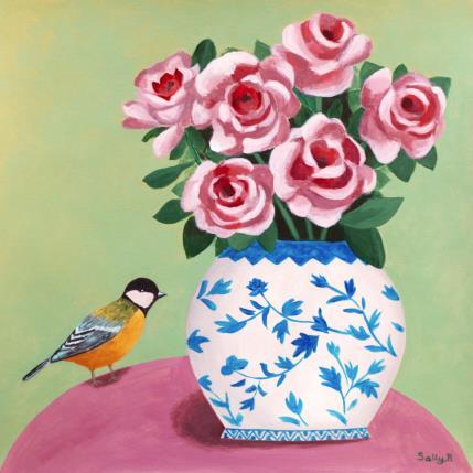 Painting Oiseau avec roses dans un vase  by Sally B | Painting Raw art Acrylic Still-life