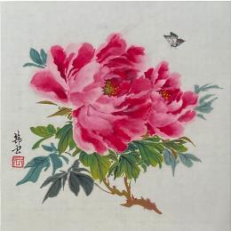 Pintura Pivoines et papillon por Tayun | Pintura Figurative Ink Still-life