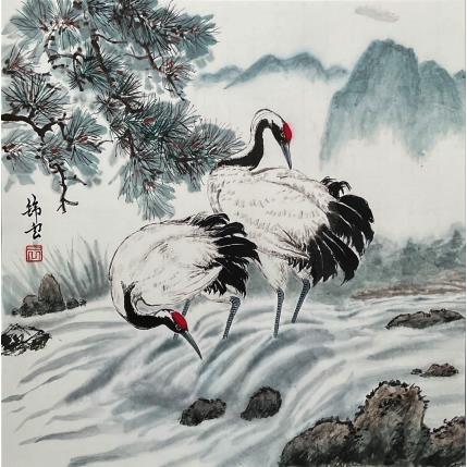 Peinture Grues qui pechent par Tayun | Tableau Figuratif Encre Animaux