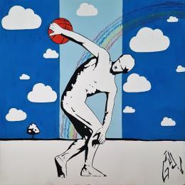 Painting THE BALL THROWER by Di Vicino Gaudio Alessandro | Painting Street art Acrylic, Wood Black & White, Life style, Pop icons