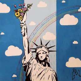 Painting THE STATUE OF WELCOME by Di Vicino Gaudio Alessandro | Painting Street art Acrylic, Wood Black & White, Pop icons