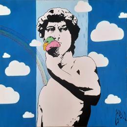 Painting DAVID'S ICE CREAM by Di Vicino Gaudio Alessandro | Painting Street art Acrylic, Wood Black & White, Life style, Pop icons