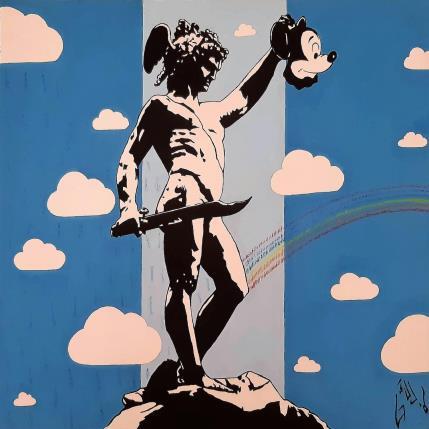 Peinture PERSEUS AND THE MICKEY MOUSE MASK par Di Vicino Gaudio Alessandro | Tableau Street Art Acrylique, bois icones Pop, noir & blanc