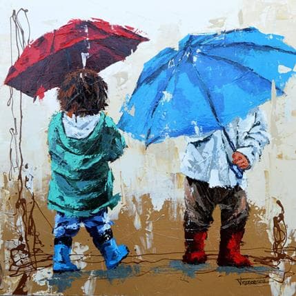 Peinture Jugando con la lluvia par Escobar Francesca | Tableau Figuratif Acrylique scènes de vie
